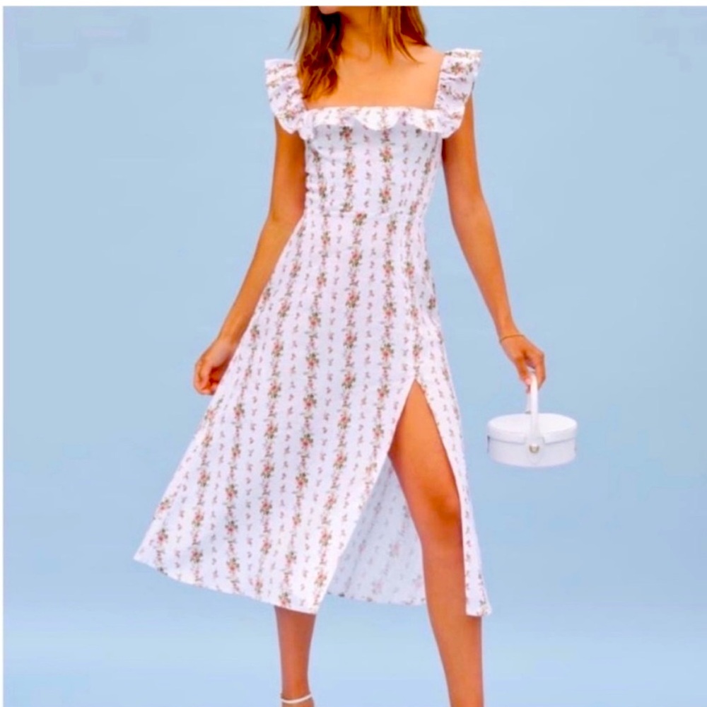 Reformation Amethyst Linen Midi Dress Ruffle Square Neck Floral Poppyseed White